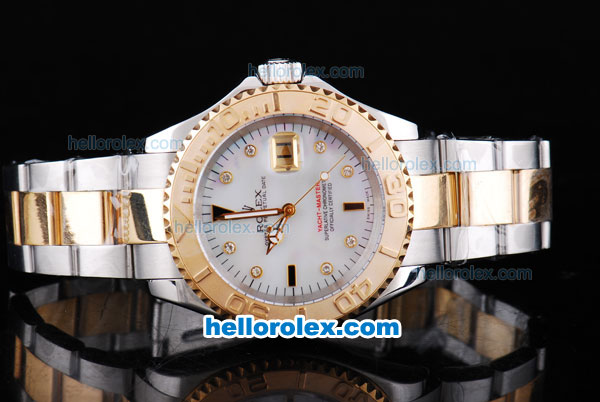 Rolex Yacht-Master Oyster Perpetual Chronometer Automatic Two Tone with White Shell Dial,Gold Bezel and Diamond Marking-Small Calendar - Click Image to Close
